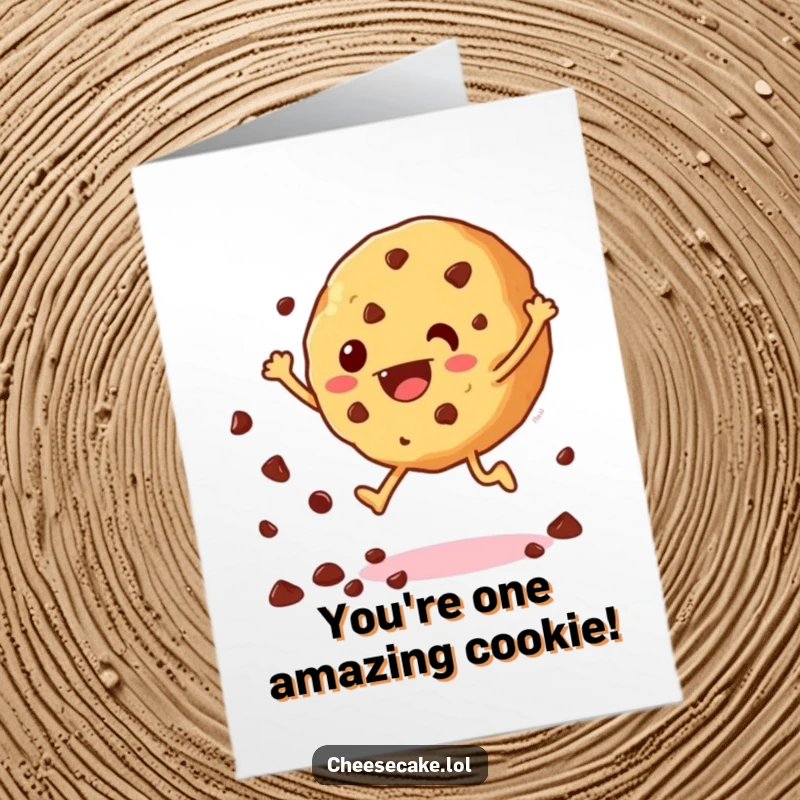 Funny Free Printable Congratulations Card: A happy cookie jumping high, with chocolate chips flying, celebrating a win.