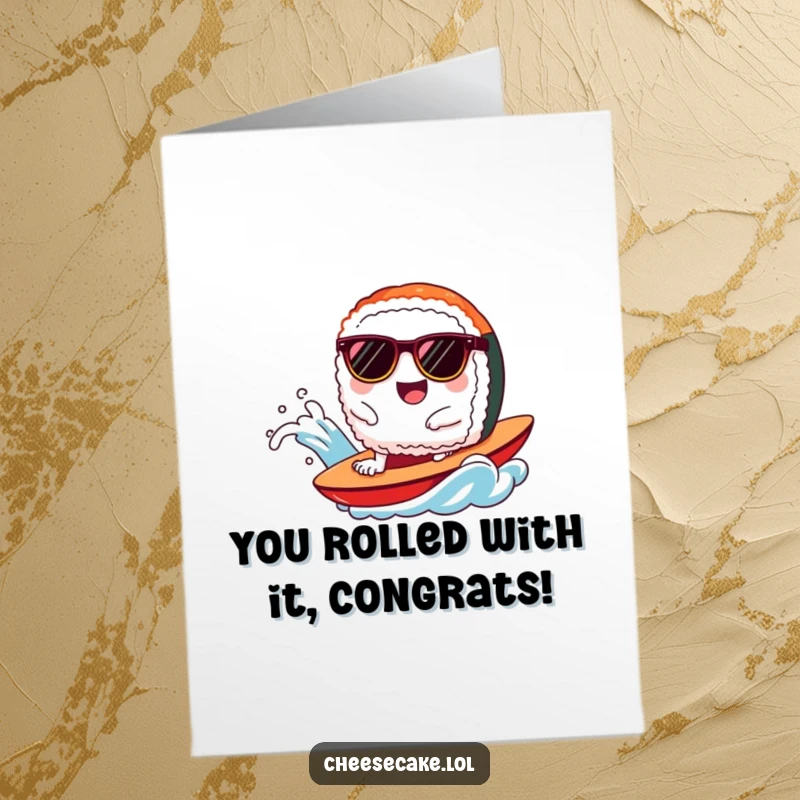 Funny Free Printable Congrats Card: Sushi wearing sunglasses surfs a wave, celebrating success with joy.