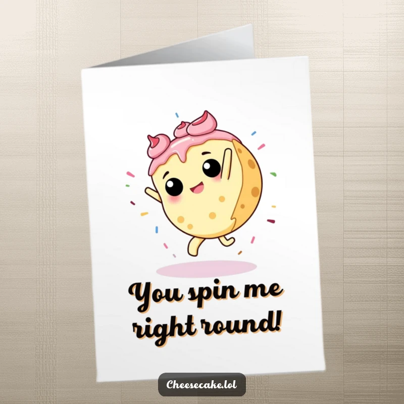 Funny free printable congratulations card capturing a cheesecake executing a spirited cartwheel, showering celebratory sprinkles in delight.