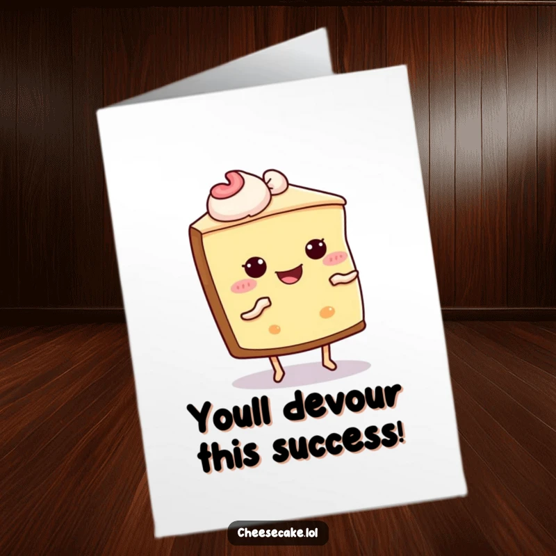 Funny Free Printable Cheesecake Congrats Card: A cheesecake slice with visible legs and eyes, doing a cheerful shimmy dance.