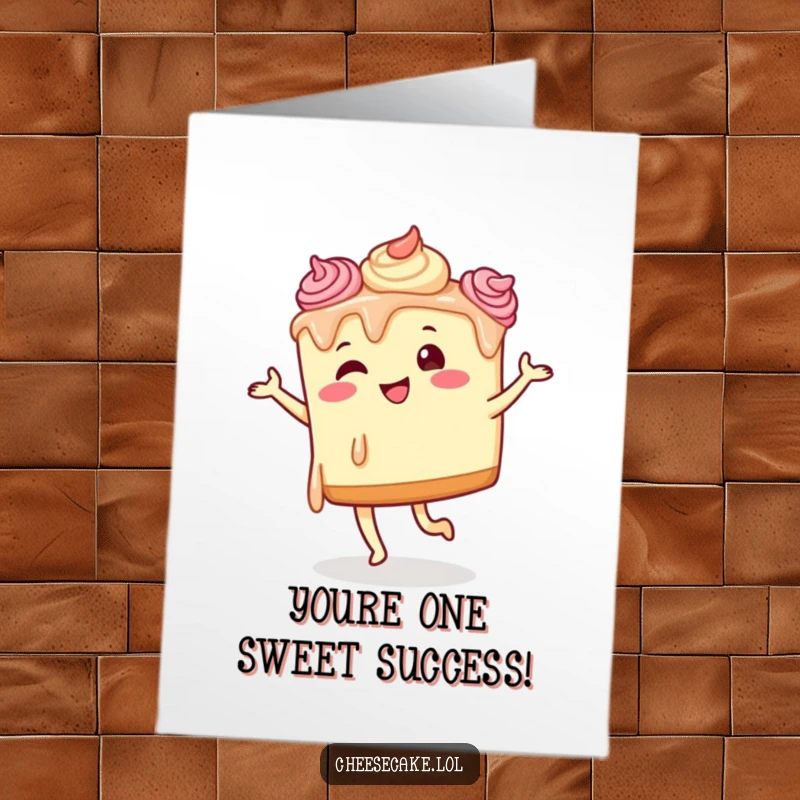 Funny Free Printable Congratulations Card featuring a cheesecake covered in frosting, performing a goofy dance.