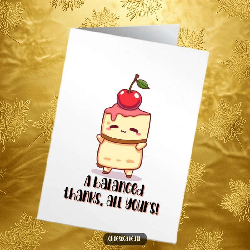 Funny Free Printable Thank You Card featuring a cheesecake character with intense concentration, balancing a cherry on its head. Focused gratitude.