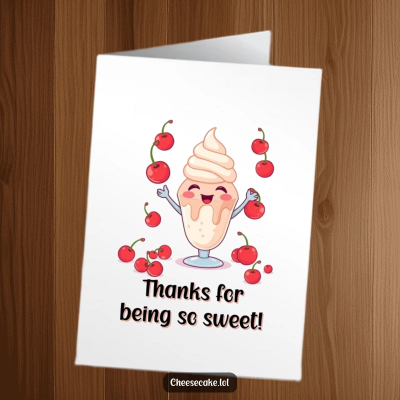 Funny Free Printable Giggling Sundae Thank You Card, Dessert Character Juggling, Sweet Gratitude Note