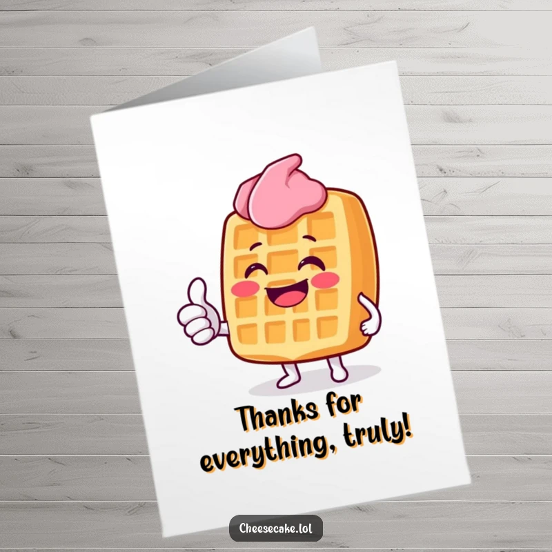 Funny Free Printable Grinning Waffle Thank You Card, Waffle Character Thumbs Up, Sweet Gratitude