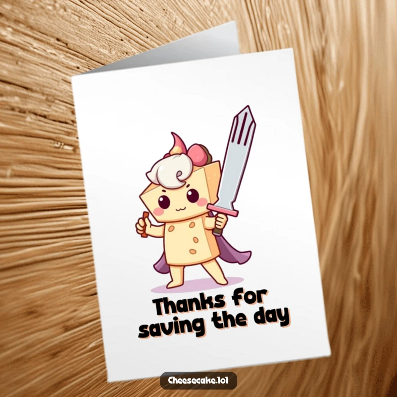 Funny free printable thank you card showing a brave cheesecake character wielding a huge fork like a sword, ready to defend or thank.