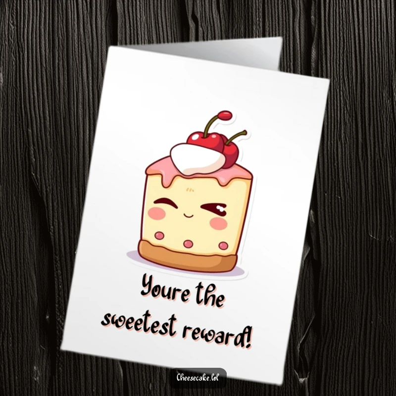 Funny Free Printable Thank You Card: Cheesecake character with a cherry on top, delivering a sly wink for a humorous and appreciated thank you.