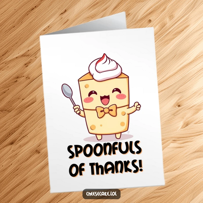 Funny Free Printable Thank You Card: Cheesecake character in a bow tie, excitedly holding a tiny spoon, ready to deliver a humorous thank you.