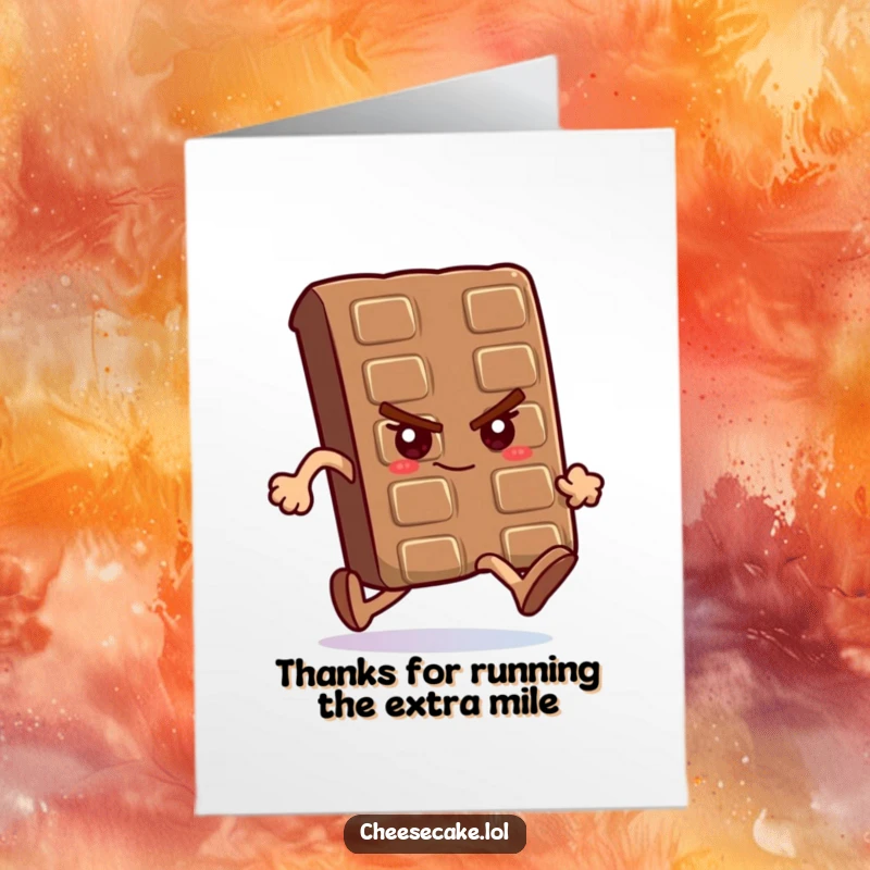 Funny Free Printable Thank You Card: Chocolate bar running a race with a determined look, conveying strong gratitude.