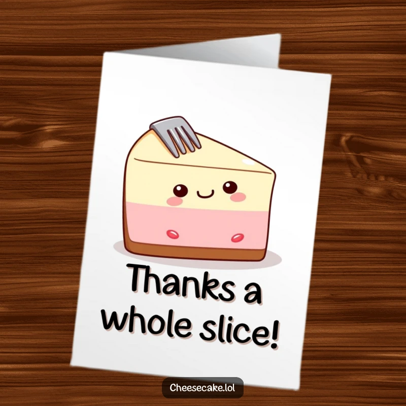 Funny Free Printable Thank You Card: Cheesecake slice cheerfully holding a fork stuck in its side, saying thank you.