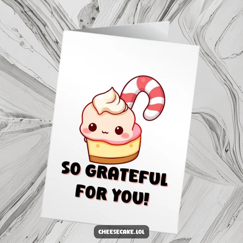 Funny Free Printable Thank You Card: A cheesecake peeking from behind a large candy cane, conveying sweet thanks.