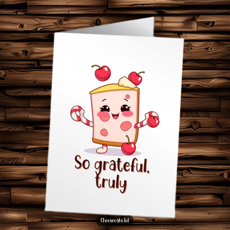 Funny Free Printable Thank You Card: Smiling cheesecake slice juggles cherries with candy cane arms.