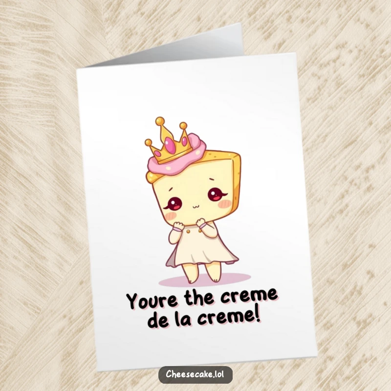 Funny Free Printable Thank You Card: Elegant cheesecake character with a tiny crown, posing gracefully to express a humorous and heartfelt thank you.