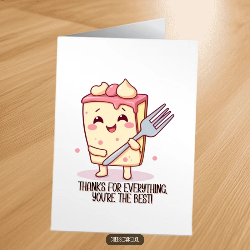 Funny free printable thank you card featuring a wobbly cheesecake slice holding a giant fork, conveying heartfelt thanks humorously.