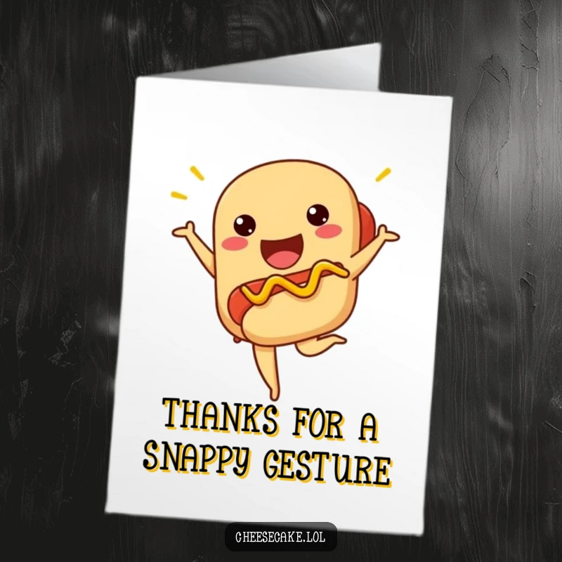 Funny Free Printable Thank You Card: A proud hot dog in a ballet pose with mustard expresses thanks.