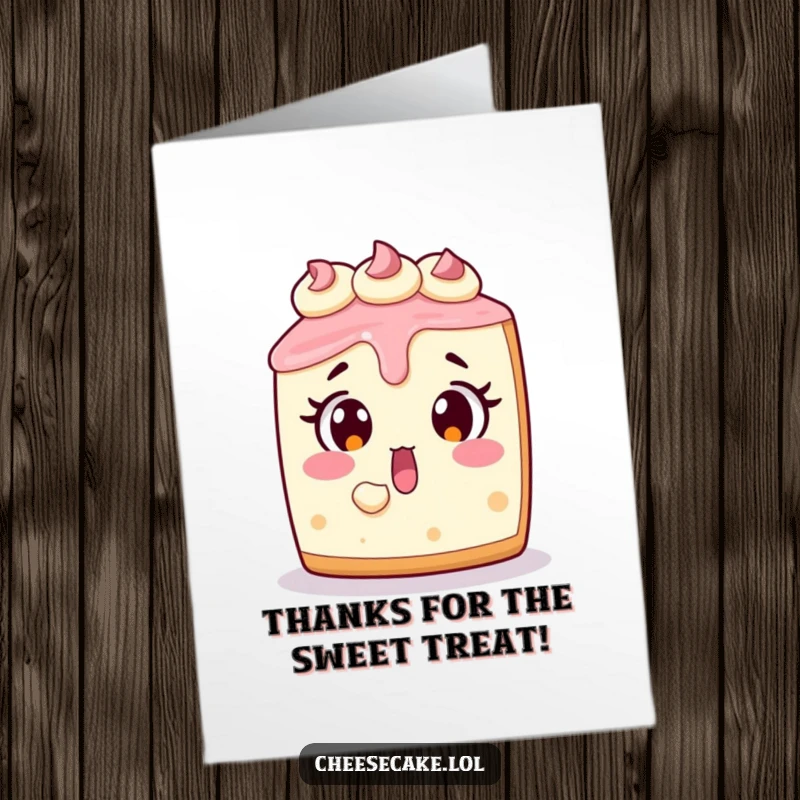 Funny Free Printable Thank You Card showing a surprised cheesecake with a bite taken out, perfect for showing gratitude.