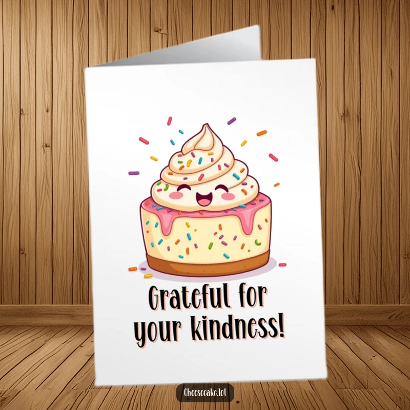 Funny Free Printable Thank You Card: A joyful cheesecake juggling many colorful sprinkles with festive flair.