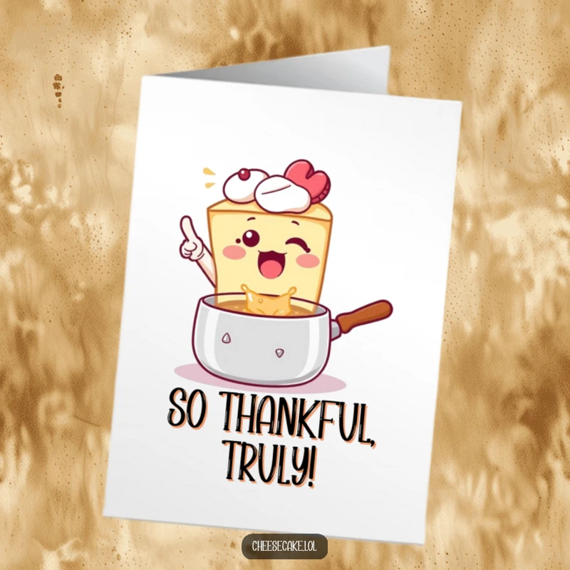 Funny Free Printable Thank You Card: An eager cheesecake excitedly gestures towards a bubbling pot of goodness.