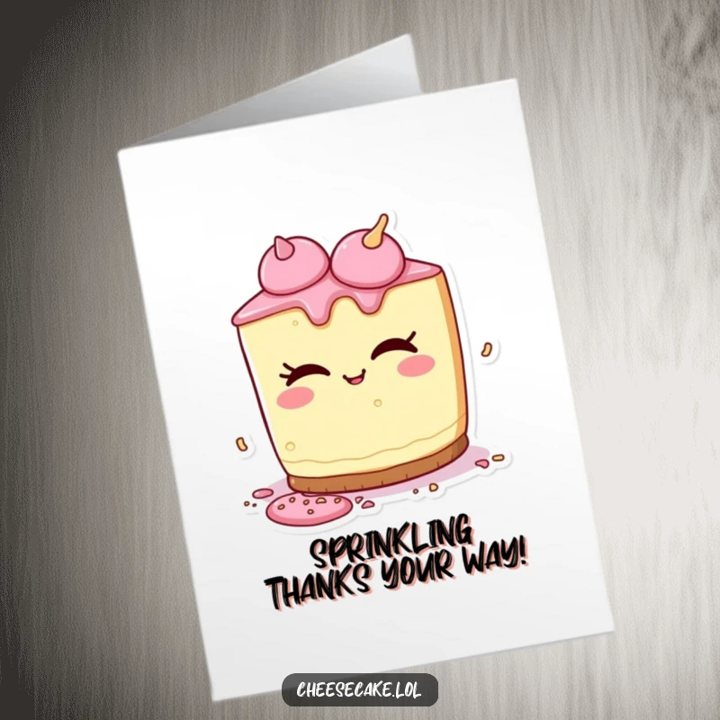 Funny Free Printable Thank You Card featuring a cheesecake character winking and playfully spilling a few bright sprinkles. A cheeky thank you.