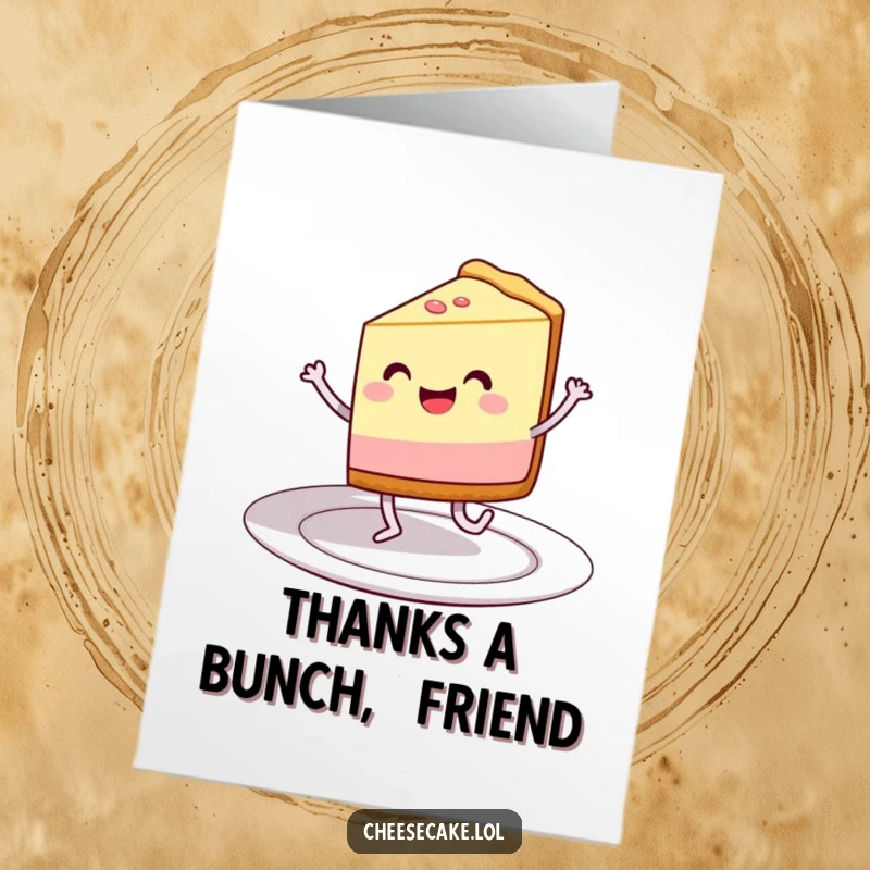 Funny Free Printable Thank You Card: Grinning cheesecake slice with legs happily dances on a plate.