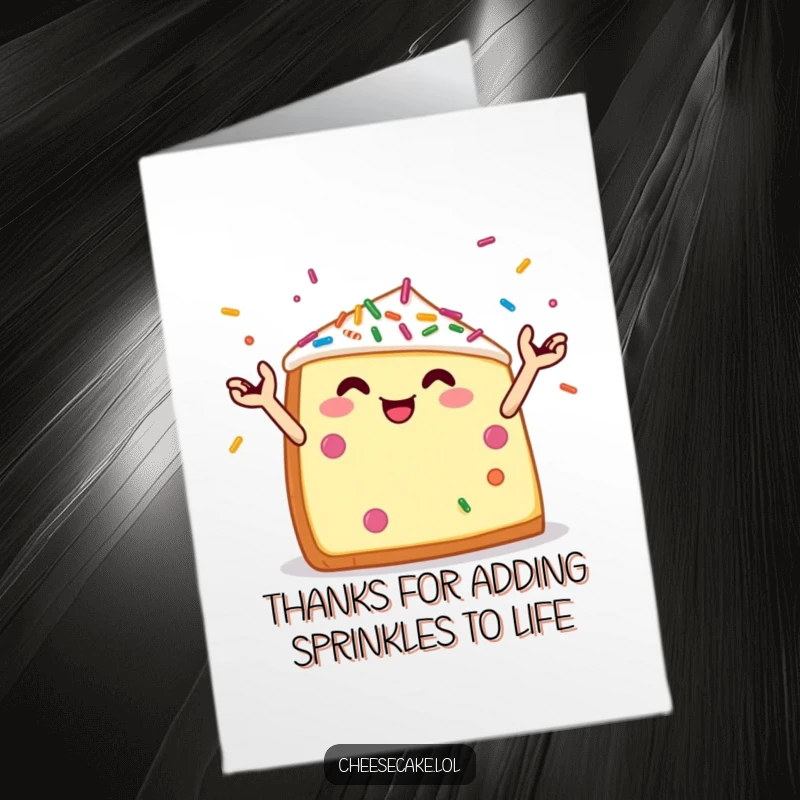 Funny Free Printable Thank You Card: A cheerful cheesecake wedge with tiny arms juggles a vibrant mix of colorful sprinkles.