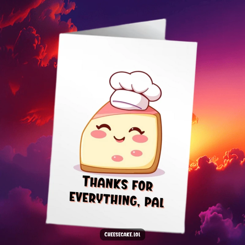 Funny Free Printable Thank You Card: Cheerful cheesecake slice wearing chef hat winks playfully.