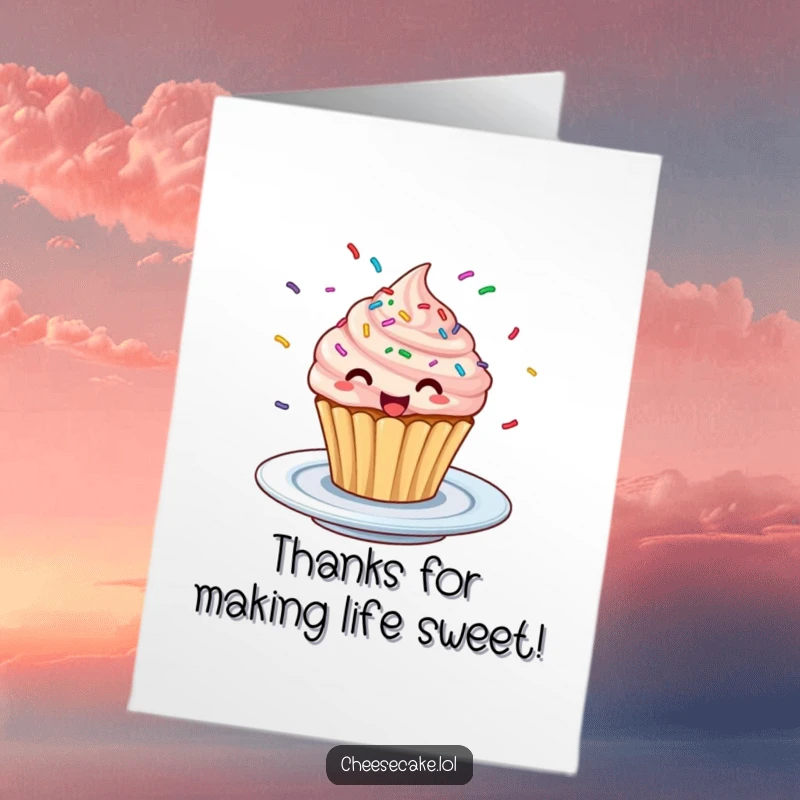 Funny Free Printable Cupcake Thank You Card: A cupcake with vibrant sprinkles swirling around it in an excited display.