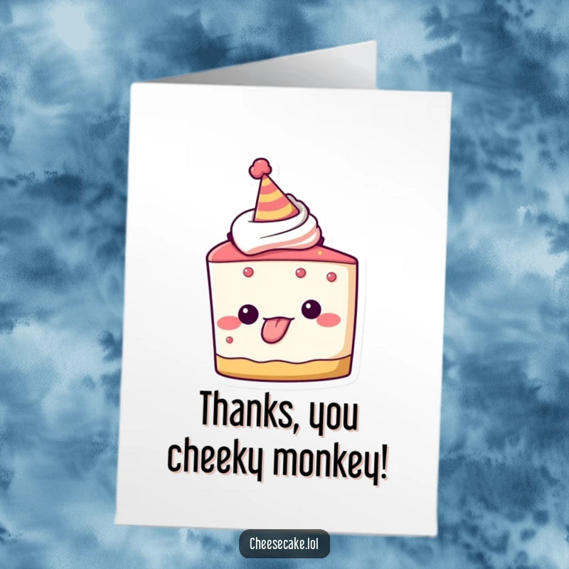 Funny Free Printable Thank You Card: A cheesecake character in a party hat playfully sticks out its tongue, sending thanks.