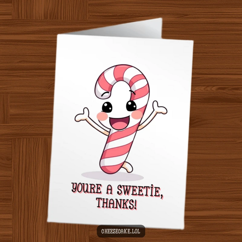 Funny Free Printable Thank You Card: Candy cane with a cheerful grin dancing joyfully, conveying sweet appreciation.