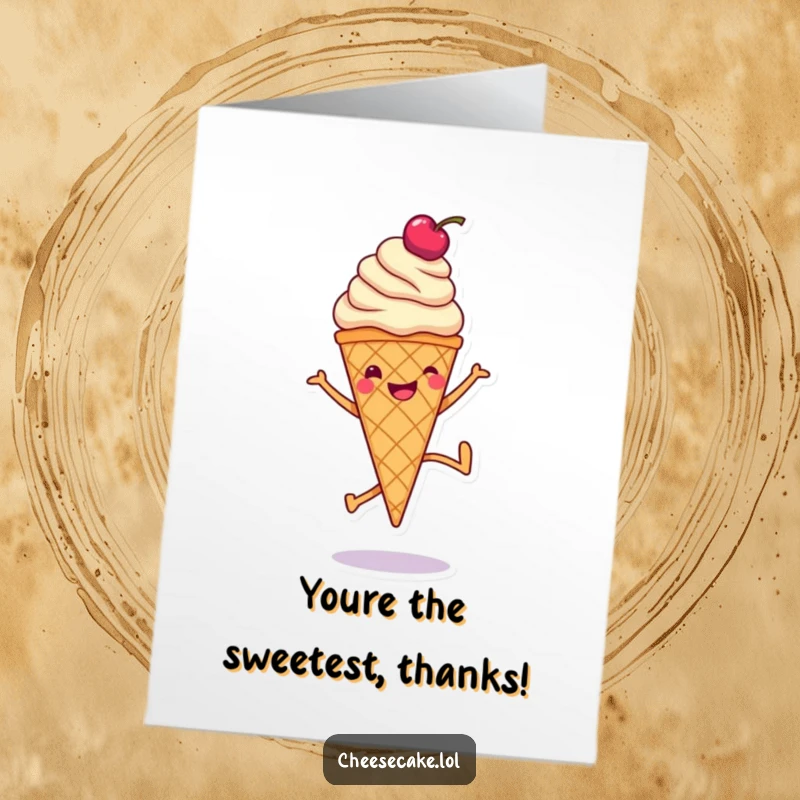 Funny Free Printable Thank You Card: Smiling ice cream cone with cherry on top doing a cartwheel, conveying thanks.