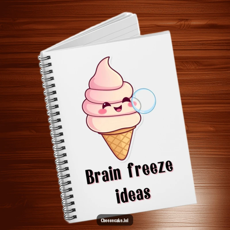 Funny notebook with a smiling ice cream swirl in a cone blowing a bubble, ideal for jotting down ideas with a sweet and cool theme.