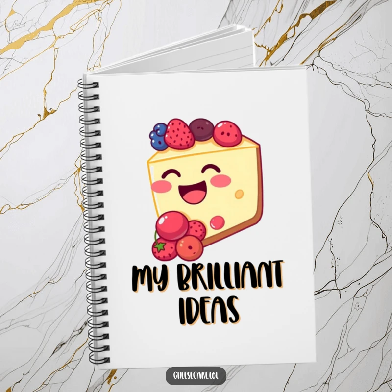 Funny cheesecake notebook featuring a happy cheesecake slice with a berry-filled mouth, giggling. For notes and ideas.