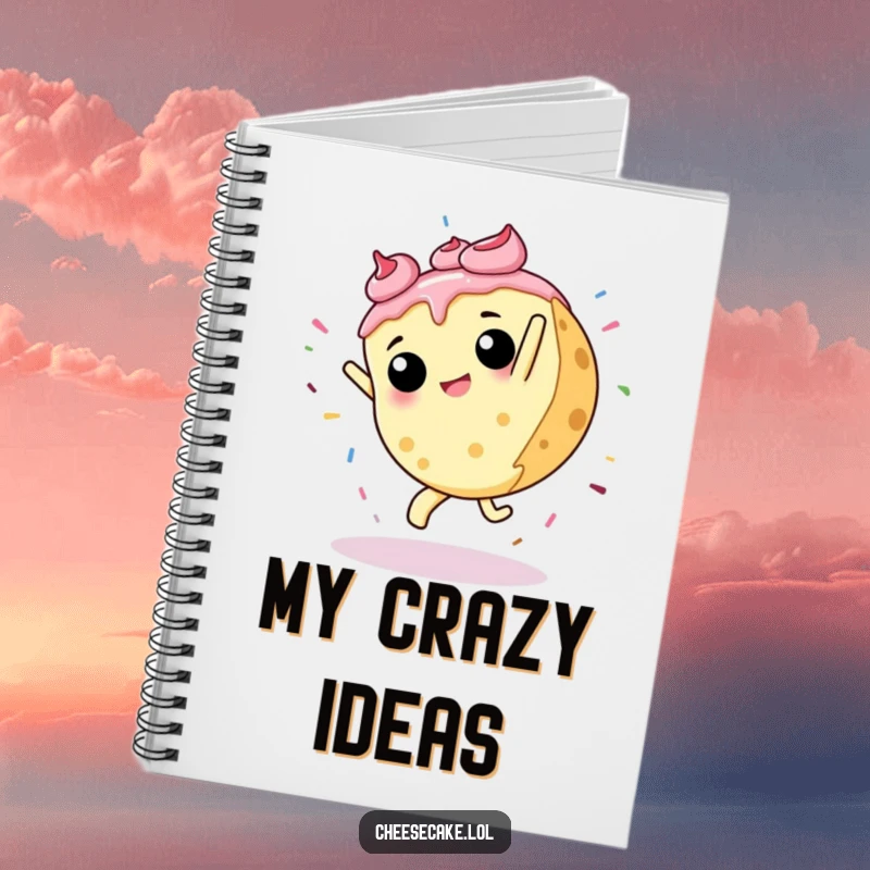 Funny notebook with a cheesecake performing a cartwheel and scattering sprinkles, encouraging energetic and creative writing.
