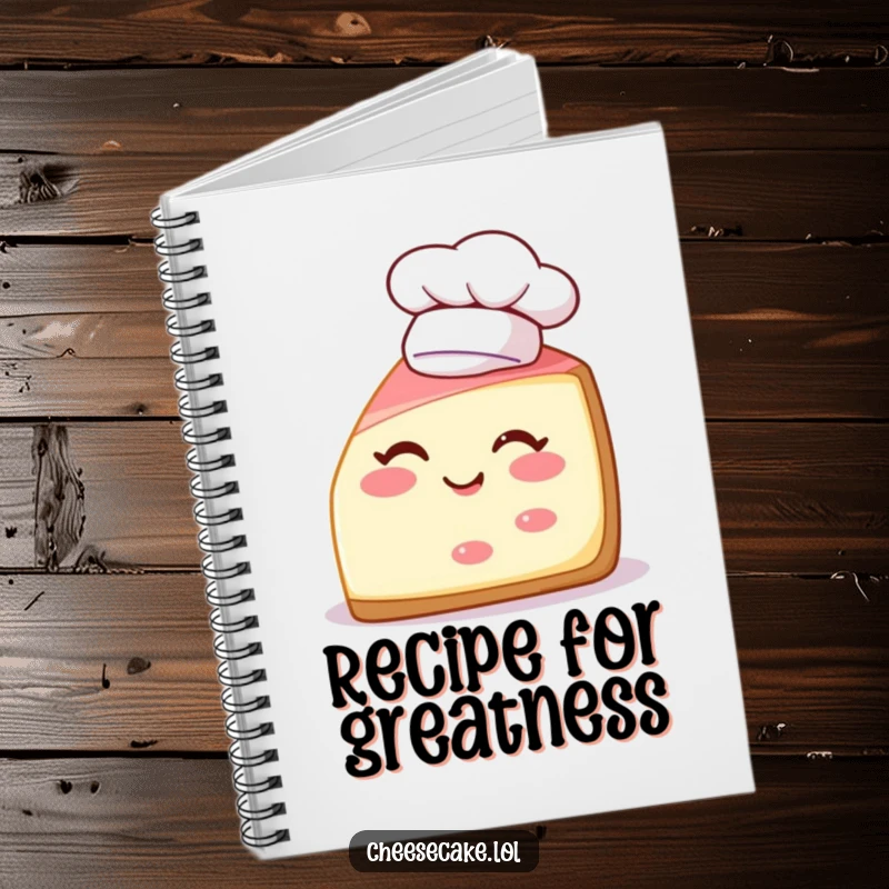 Funny notebook featuring a winking cheesecake slice wearing a chef hat, perfect for writing recipes and notes.
