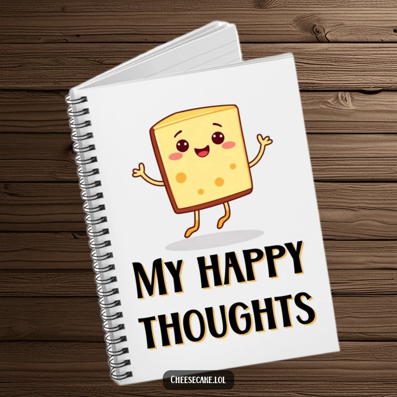 Funny smiling cheesecake slice with tiny legs doing a jig on a notebook cover, a delightful funny gift.