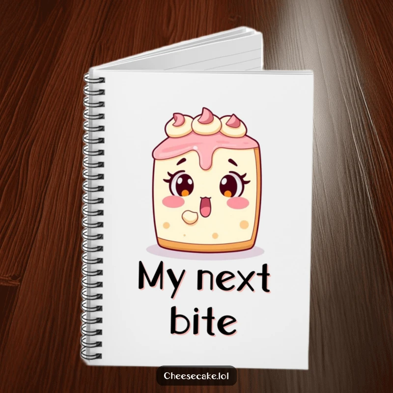 Funny cheesecake notebook with a surprised dessert character, ideal for journaling and note-taking.