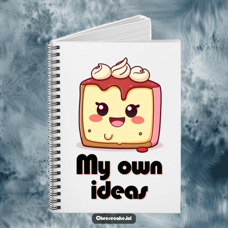 Funny cheesecake notebook with a smiling character biting itself, perfect for jotting down humorous notes and ideas.