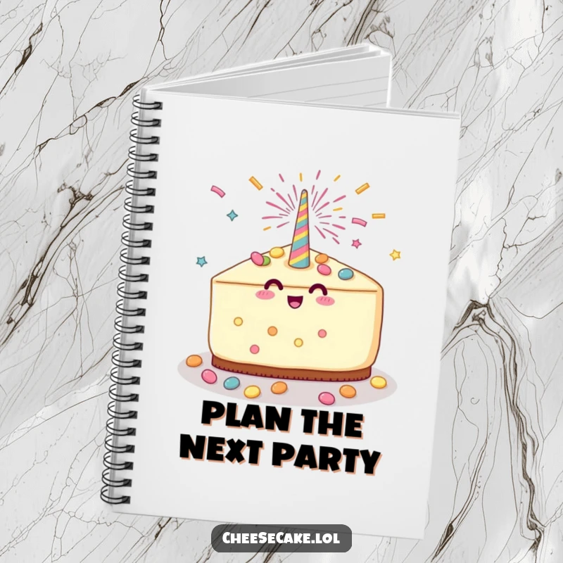 Funny Cheesecake Party Notebook with a cheesecake slice celebrating with a party popper and candy shower, perfect for planning parties and festive notes.