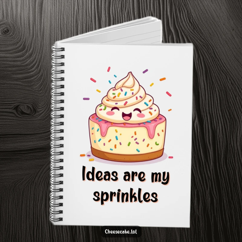 Funny Notebook: A happy cheesecake juggles colorful sprinkles, ideal for jotting down cheerful thoughts.
