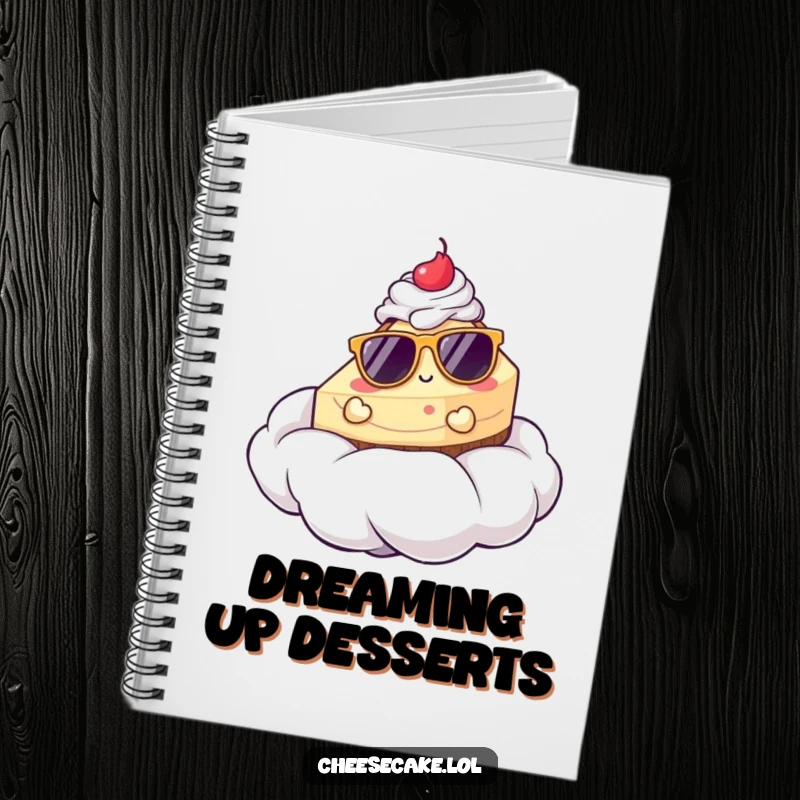 Funny notebook with a cheesecake wearing sunglasses lounging on a whipped cream cloud, inspiring creative and humorous writing.