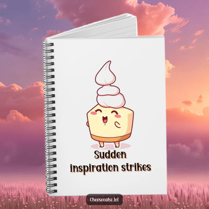 Funny cheesecake notebook with a delighted cheesecake character receiving whipped cream, perfect for notes and creative ideas.