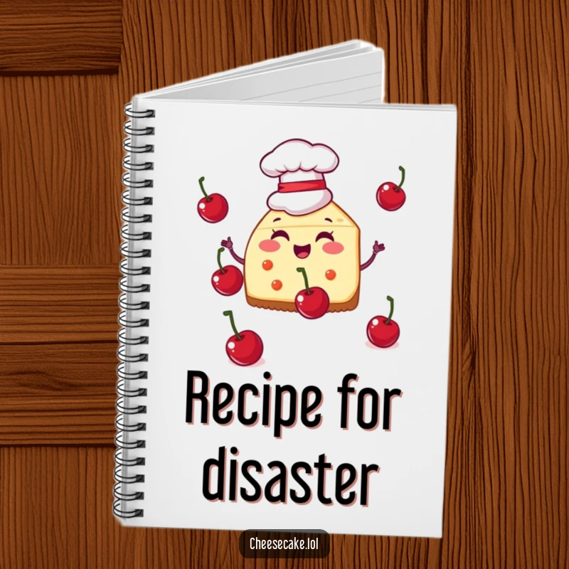Funny notebook with a cheesecake slice in a chef hat juggling cherries, perfect for journaling recipes and culinary inspiration.