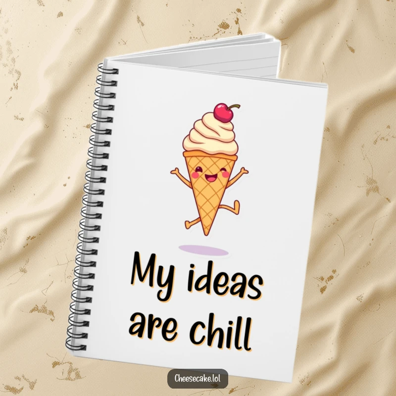 Funny notebook featuring a smiling ice cream cone doing a cartwheel, perfect for jotting down sweet ideas.