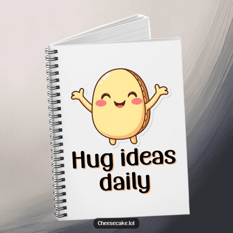 Funny macaron notebook featuring a smiling macaron character with arms open, ready for a humorous hug, perfect for note-taking and journaling.