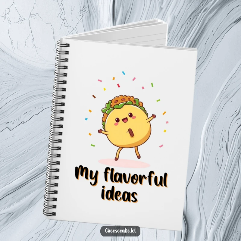 Funny Notebook with a cartwheeling taco and confetti, perfect for jotting down fiesta ideas and creative thoughts.