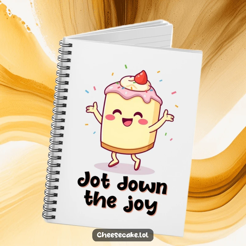 Funny Cheesecake Jig Notebook with a dancing cheesecake character and flying sprinkles, perfect for journaling, notes, and creative writing.