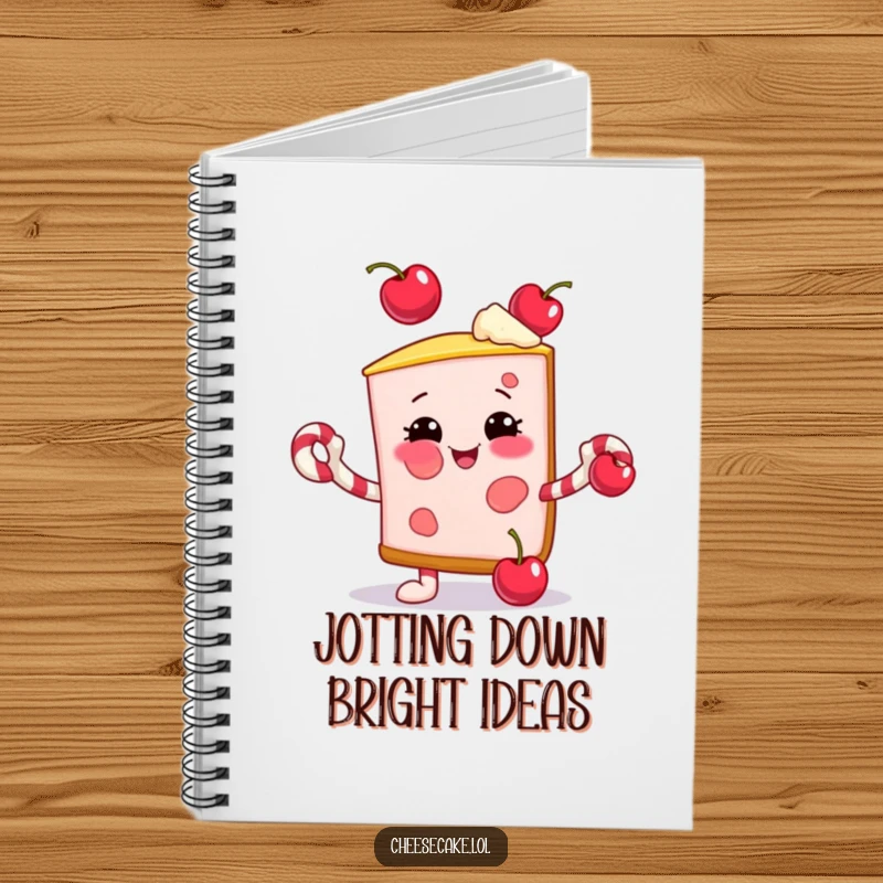 Funny notebook featuring a smiling cheesecake slice juggling cherries with candy cane arms, perfect for festive note-taking.