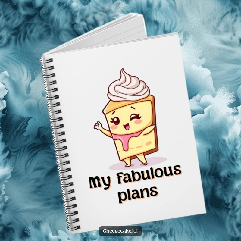 Funny cheesecake with whipped cream swirl striking a diva pose on a notebook cover, a delightful funny gift.