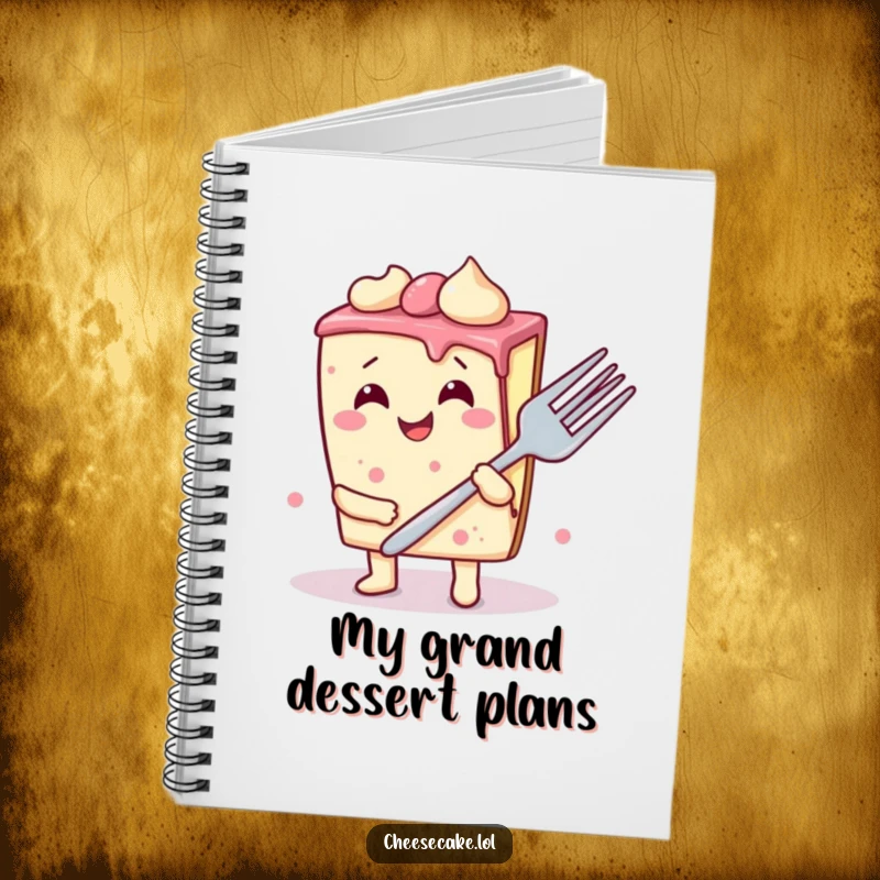Funny cheesecake slice notebook cover, featuring a wobbly dessert giggling animatedly while holding a giant fork, great for creative jotting.