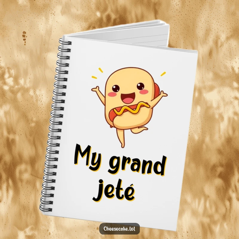 Funny hot dog notebook with a proud hot dog striking a ballet pose, inspiring grand ideas.