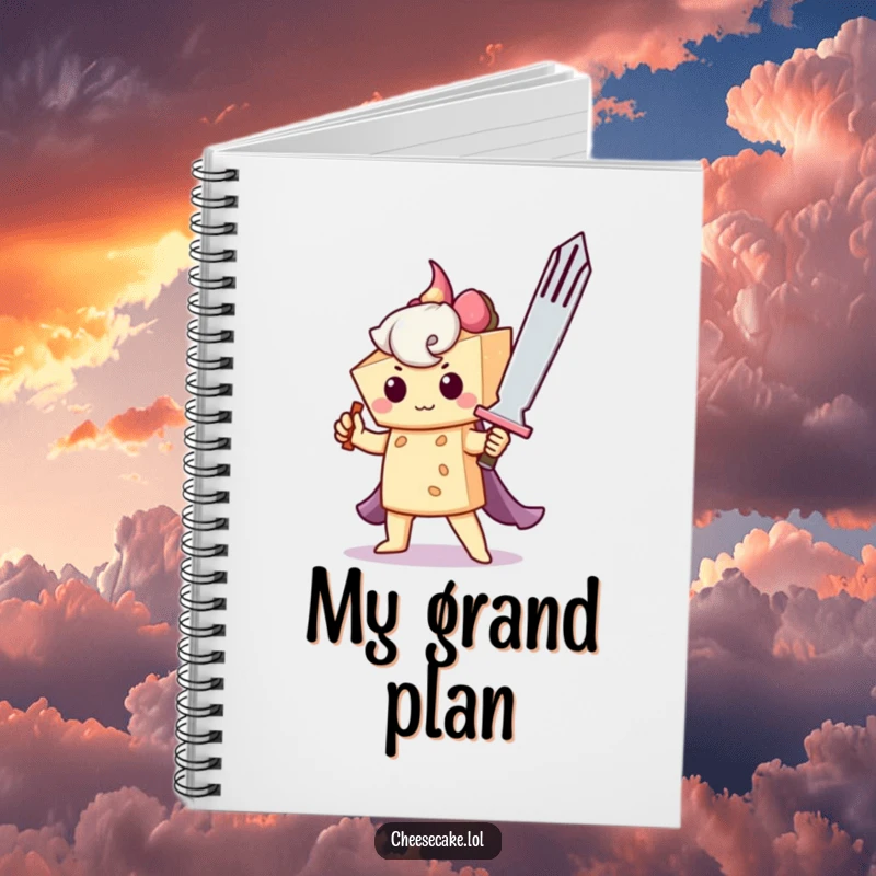 Funny notebook with a brave cheesecake wielding a fork sword, encouraging bold writing and planning of epic quests.